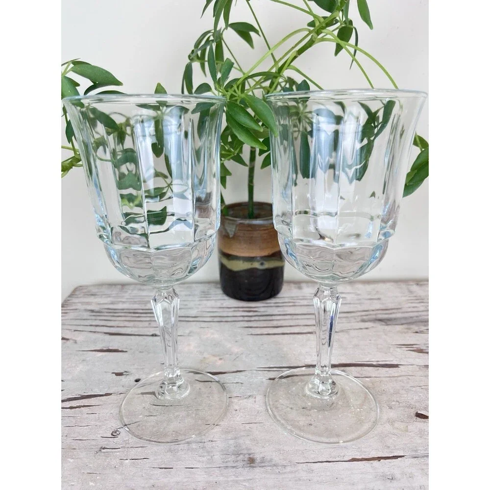 VTG French Goblet Clear Glass Pedestal Footed Stemware Wine Drinking Glasses 2